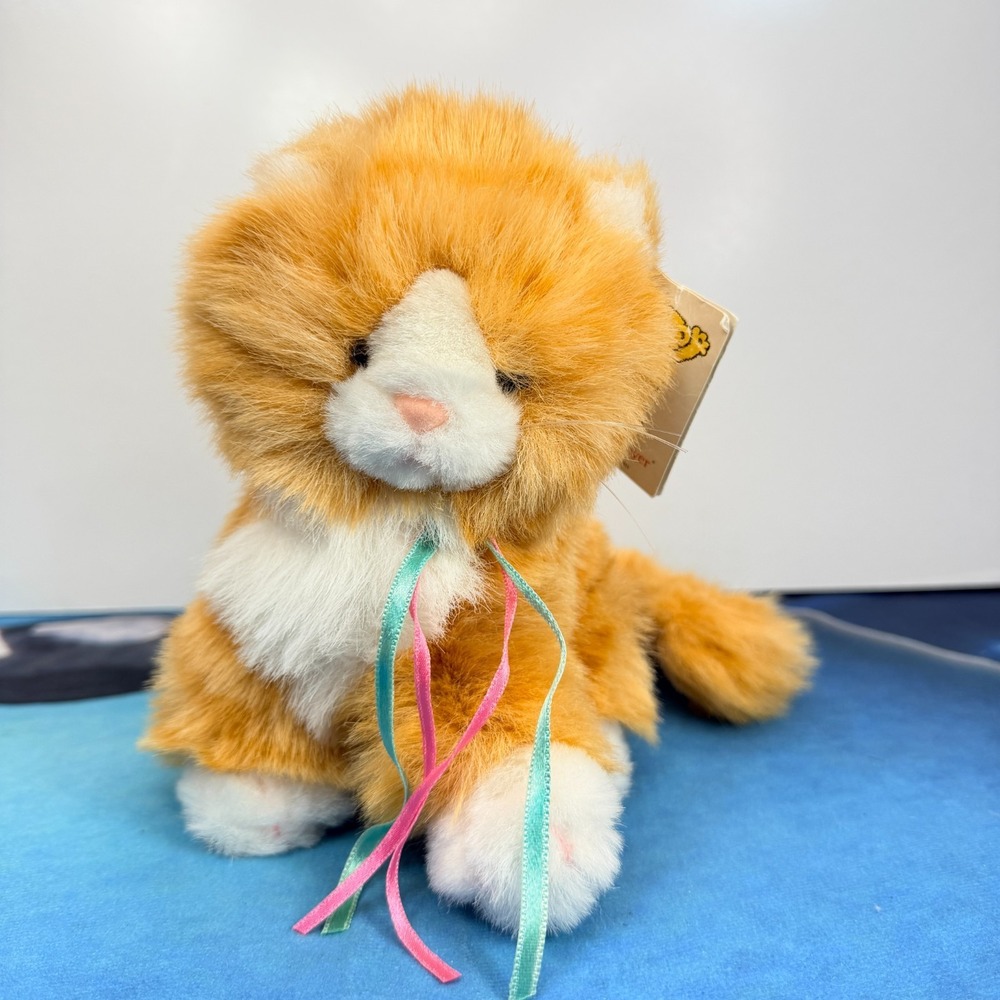 Vintage Mary Meyer Orange Tabby Cat Plush Kitten 1990s White Paws Ribbon WT